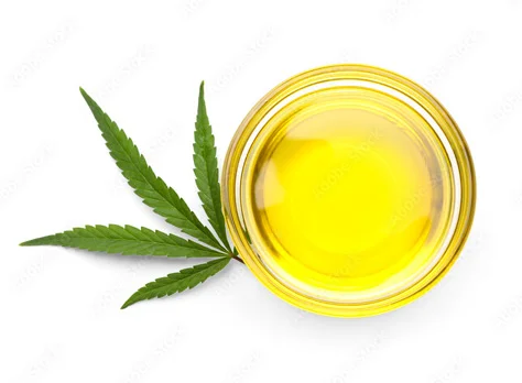 Massage oil beside hemp leaves.